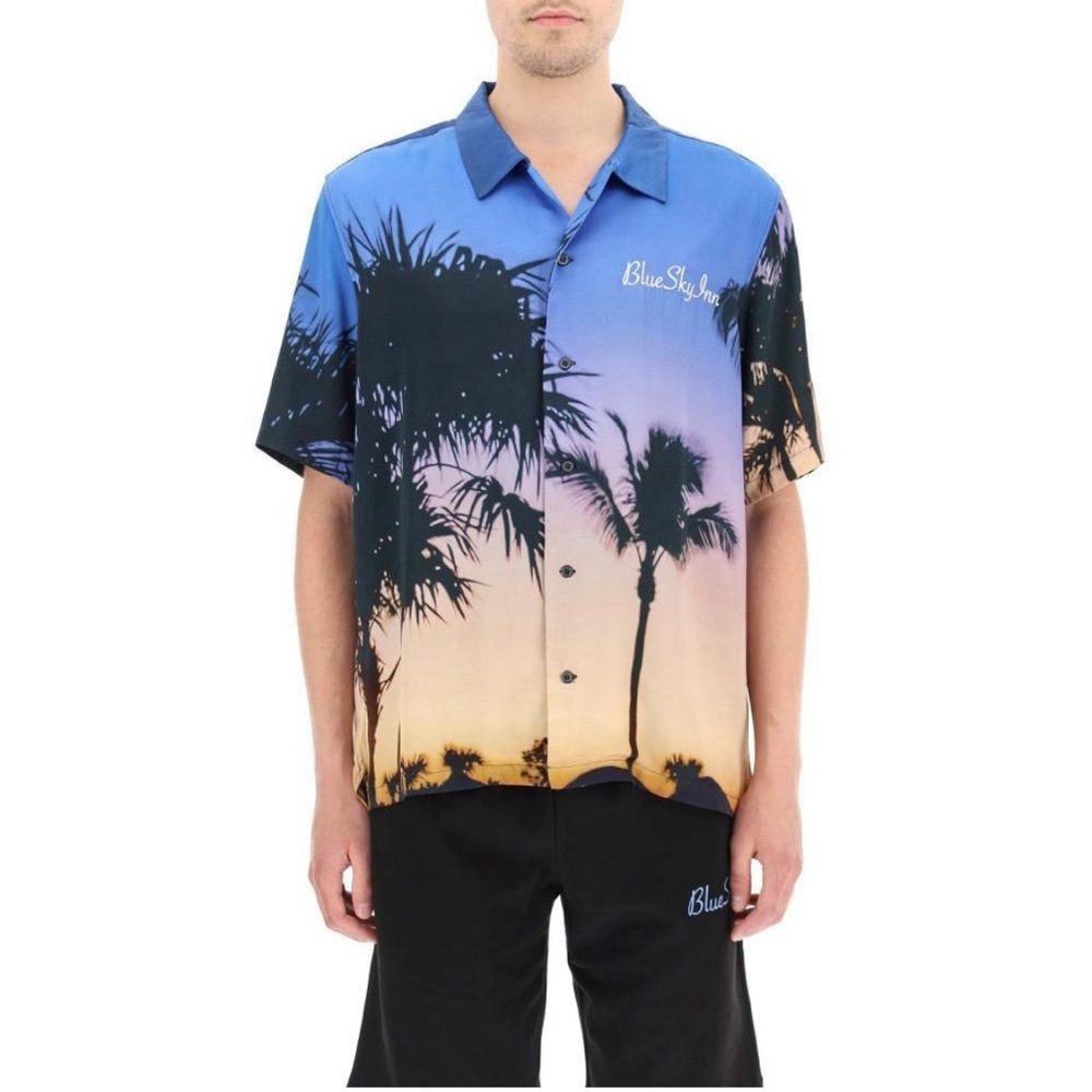 Blue Sky Inn palm tree graphic print camp shirt
